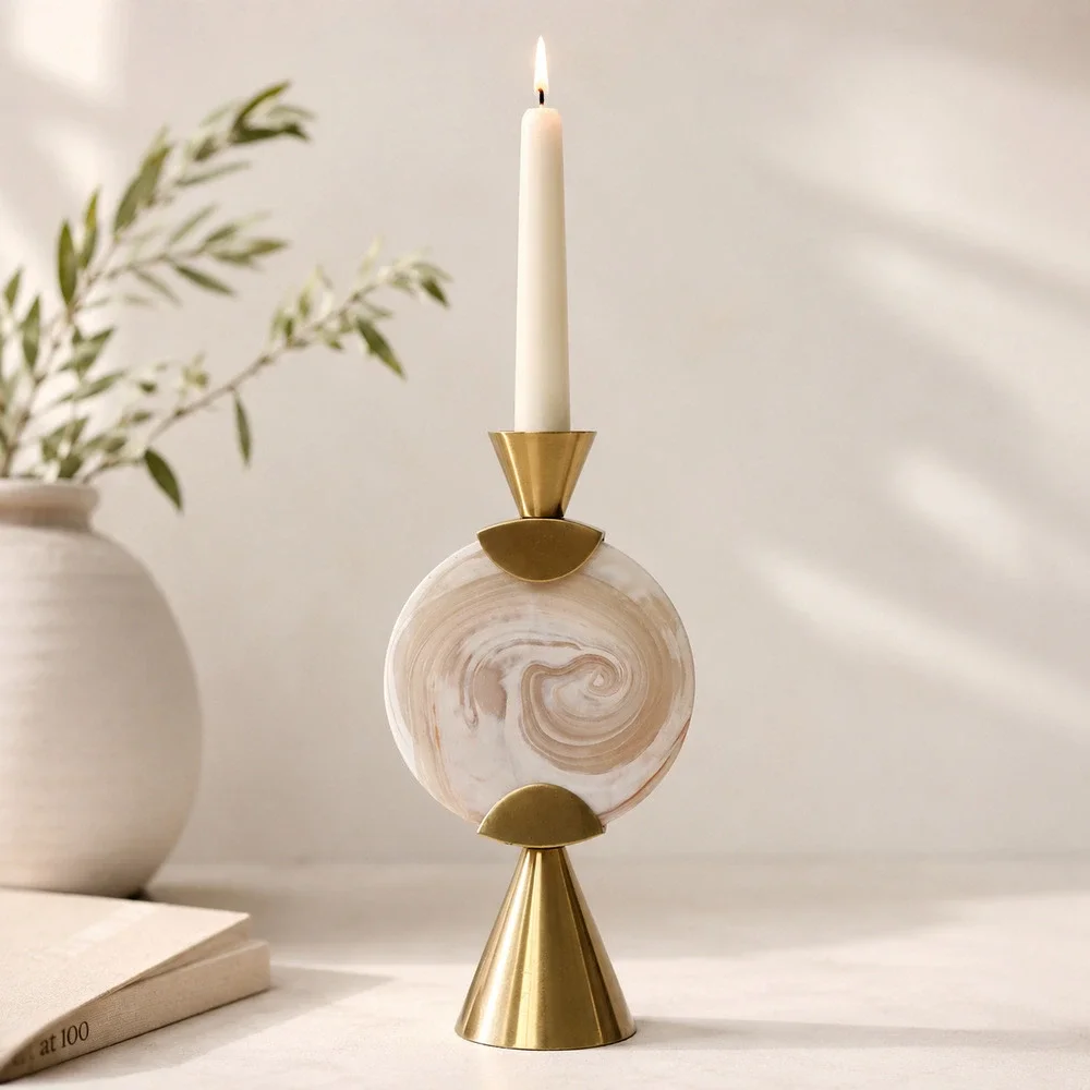 Anthropologie Francine Taper Candle Holder | Modern Blush Swirl Glass and Brass